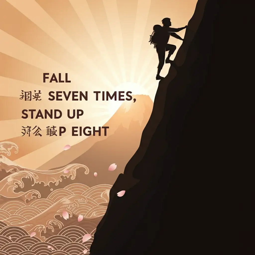 Inspirational quote by Japanese Proverb: "Fall seven times and stand up eight" displayed in a decorative quote box on a soft beige background, symbolizing resilience.