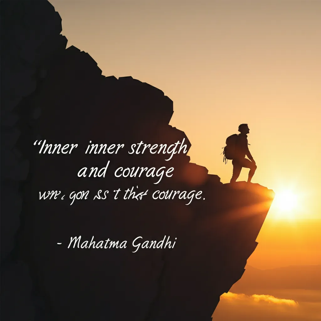 Inspirational quote from Mahatma Gandhi: "Strength does not come from physical capacity. It comes from an indomitable will," inside a stylized quote bubble.