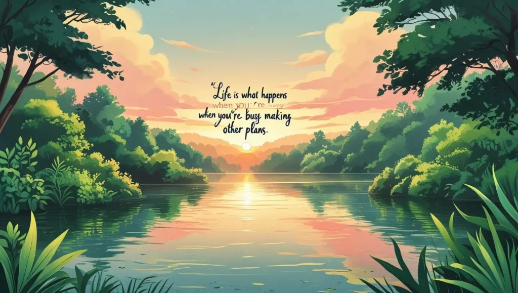 A peaceful sunrise over a calm lake surrounded by greenery, symbolizing happiness and the beauty of life, with an inspirational quote overlay that reads 'Life is what happens when you're busy making other plans.