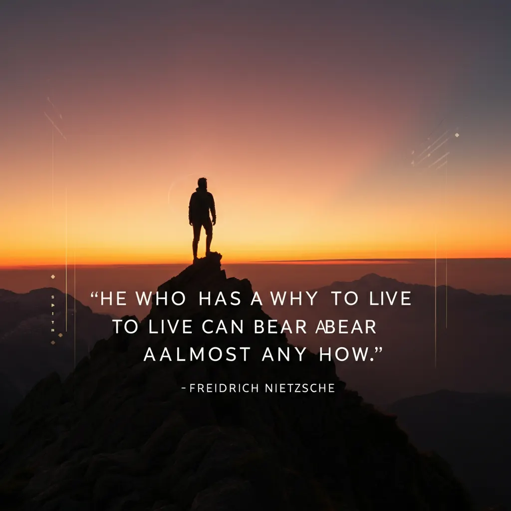 Philosophical quote by Friedrich Nietzsche: "He who has a why to live can bear almost any how." Text is in a brown quote bubble on a light, abstract background.