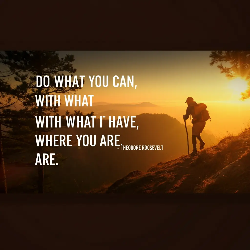 Famous pragmatic quote from Theodore Roosevelt: "Do what you can, with what you have, where you are." Text is inside a stylized quote bubble on a beige background.